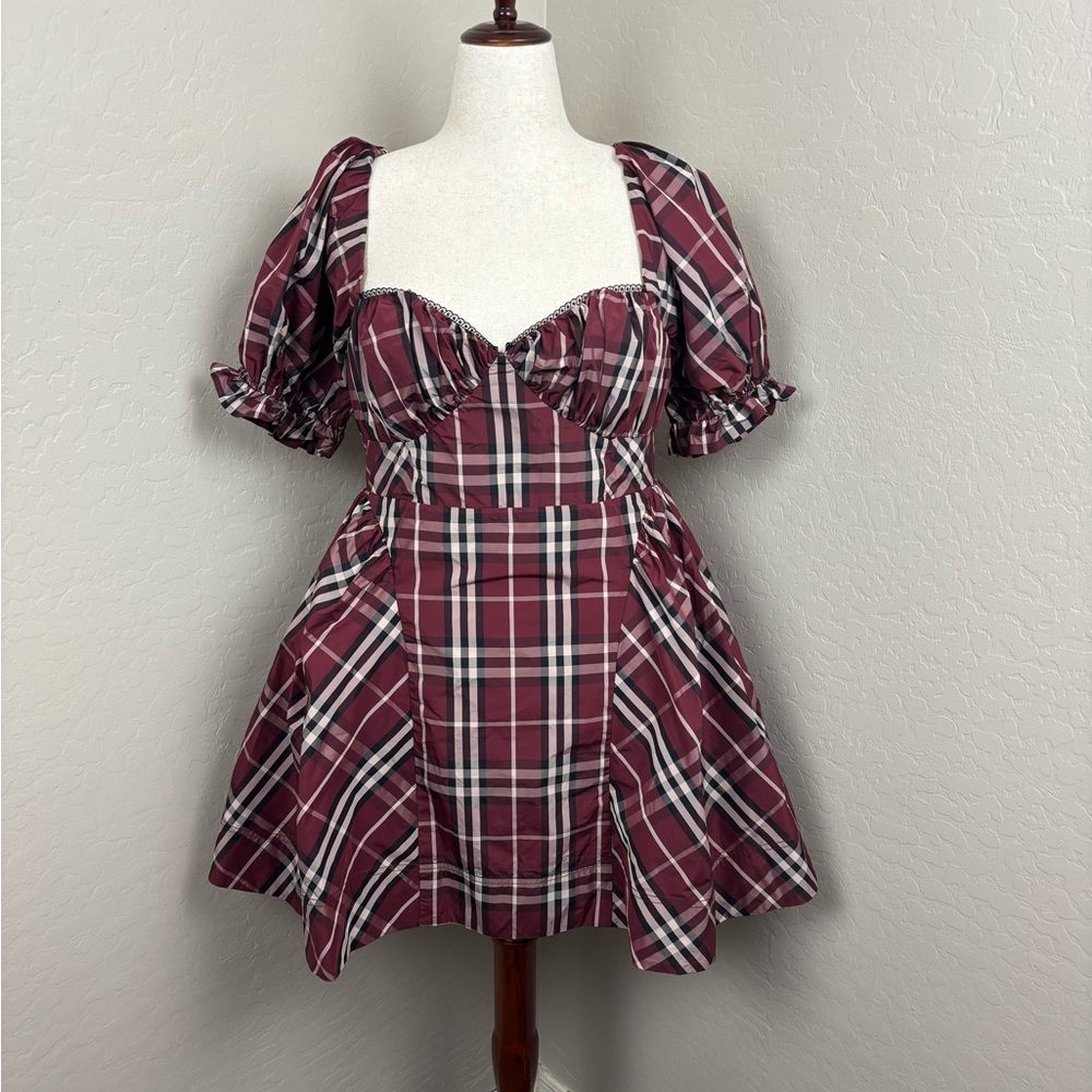 NWT Anthropologie Maeve Red Tartan Plaid Puff‎ Sleeve Mini Dress Size L - Picture 4 of 9